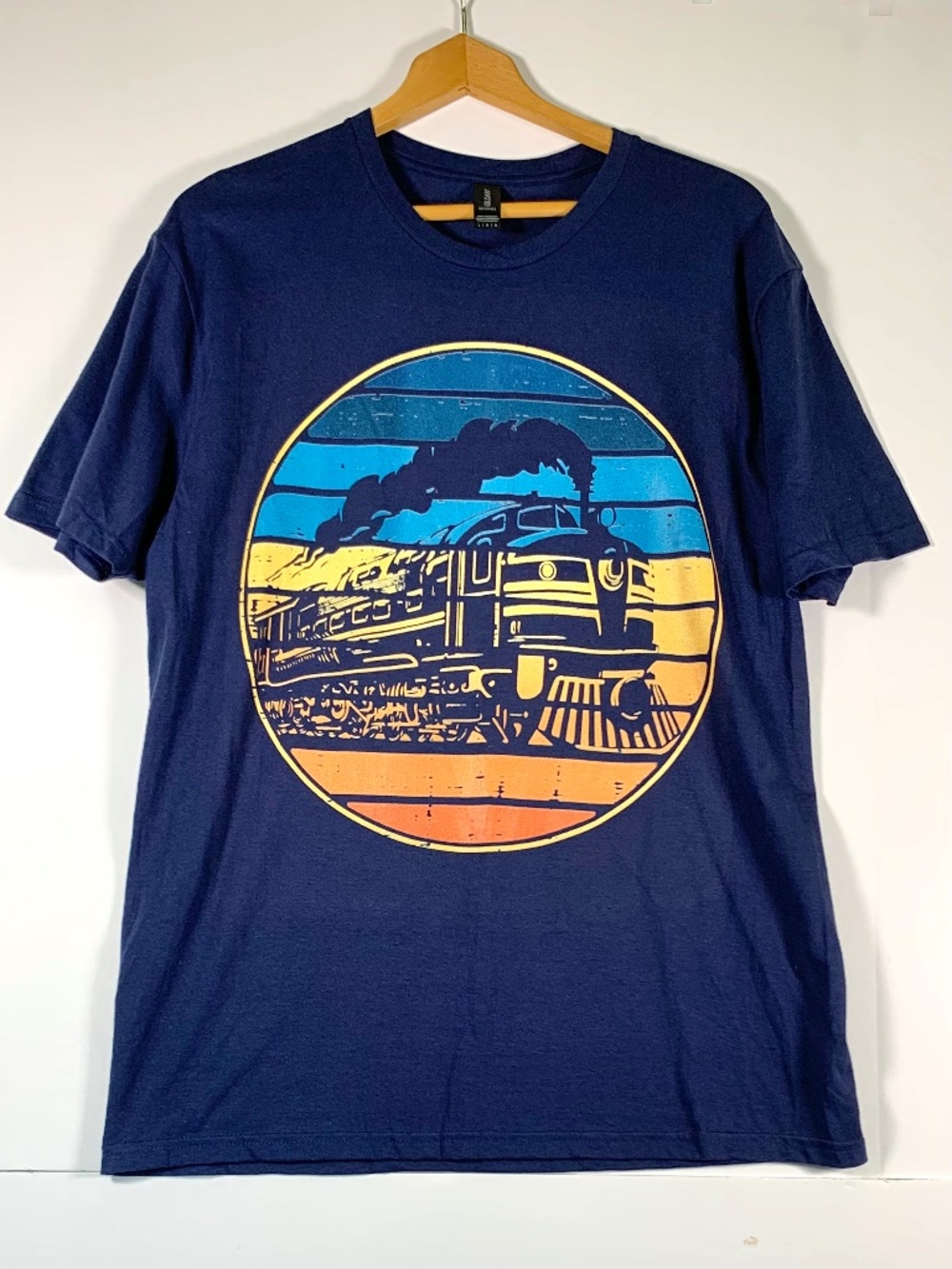 Retro-Style Steam Train Blue Train short sleeve T-Shirt 100% Cotton Navy Blue